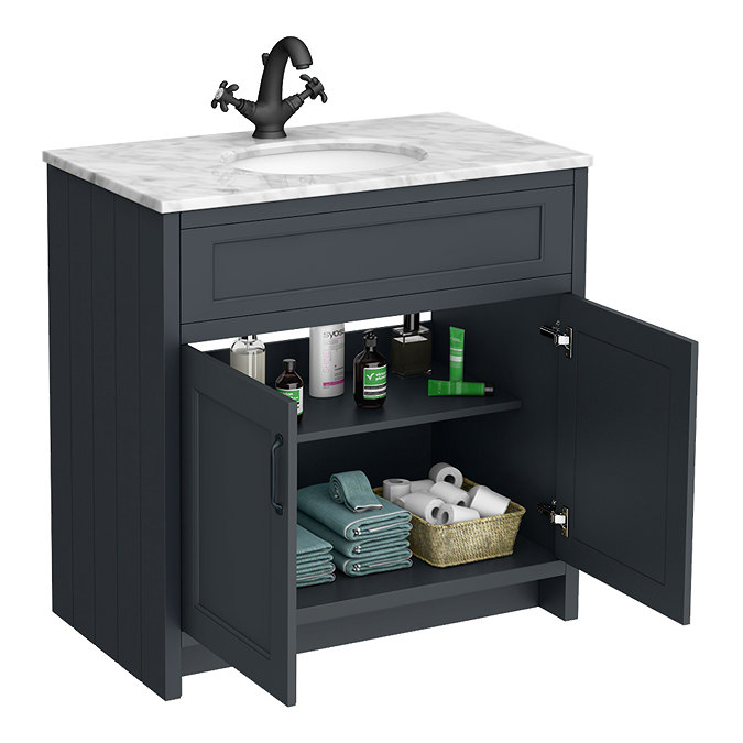 Chatsworth Graphite 810mm Vanity with White Marble Basin Top with Matt Black Handles