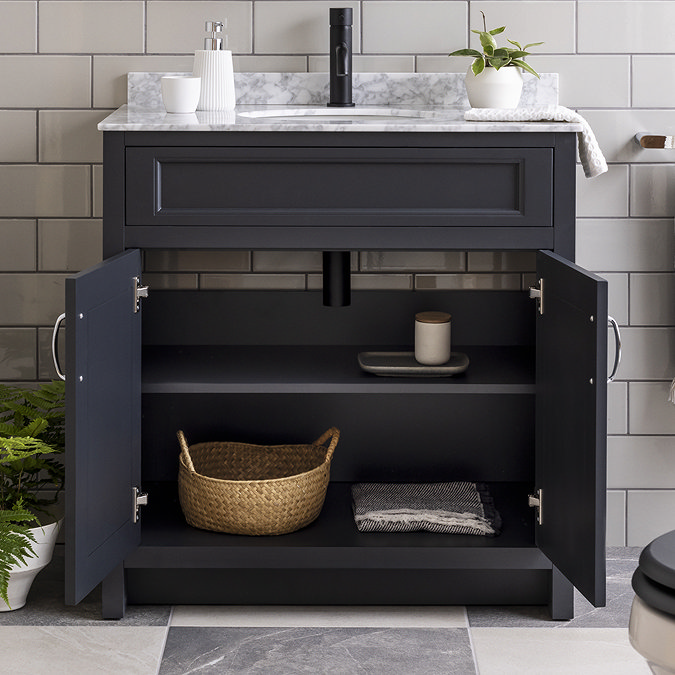 Chatsworth Graphite 810mm Vanity with White Marble Basin Top and Polished Chrome Handles