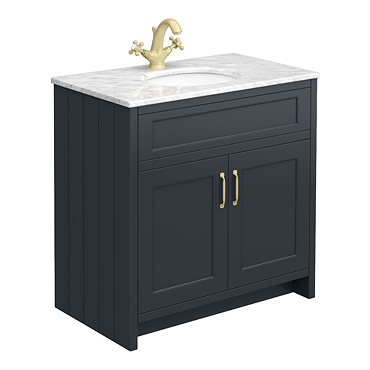 Chatsworth Graphite 810mm Vanity with White Marble Basin Top + Brushed Brass Handles