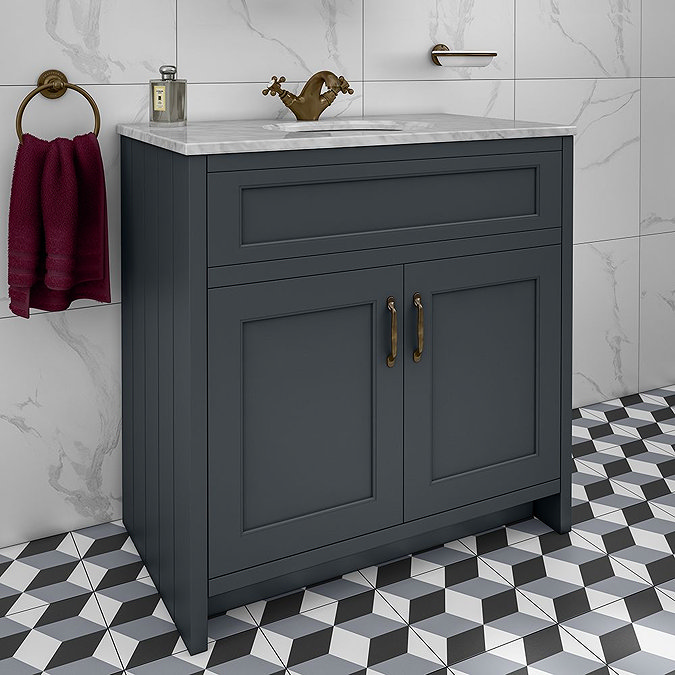 Chatsworth Graphite 810mm Vanity with White Marble Basin Top with Antique Brass Handles