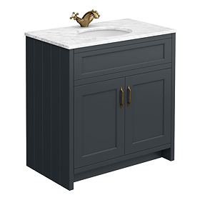 Chatsworth Graphite 810mm Vanity with White Marble Basin Top with Antique Brass Handles
