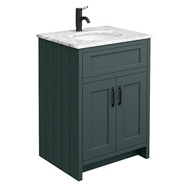 Chatsworth Green 610mm Vanity with White Marble Basin Top & Matt Black Handles Large Image