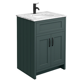 Chatsworth Green 610mm Vanity with White Marble Basin Top &amp; Matt Black Handles Large Image