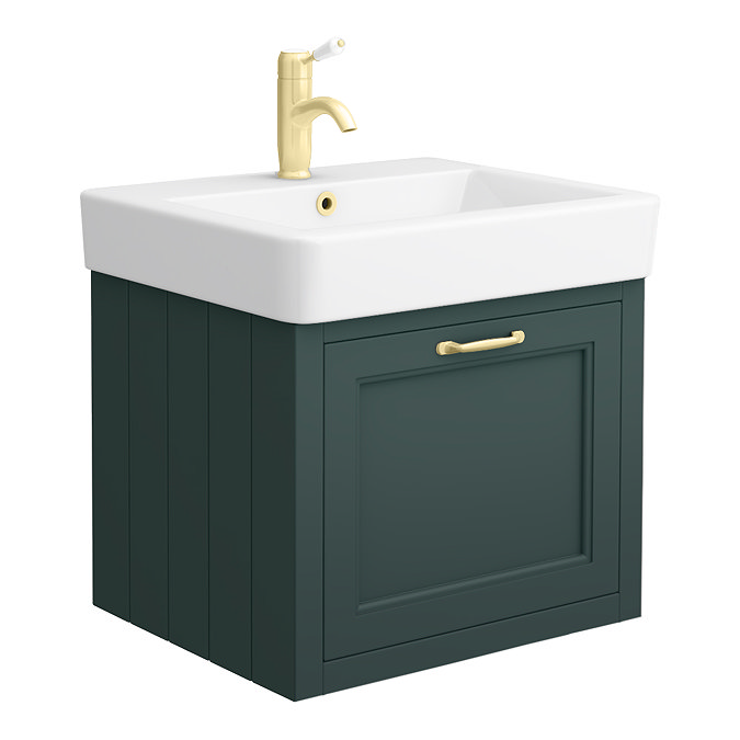 Chatsworth Green Wall Hung 1 Drawer Vanity - 560mm with Brushed Brass Handle