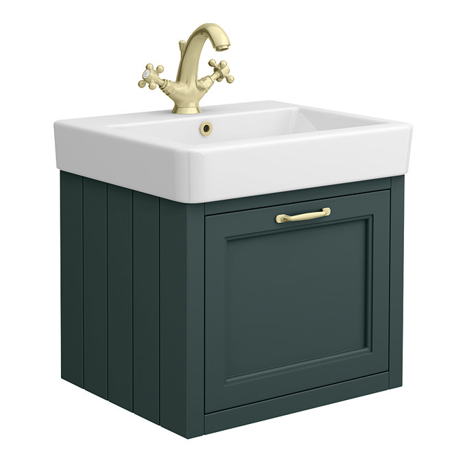 Chatsworth Green Wall Hung 1 Drawer Vanity - 560mm with Brushed Brass Handle