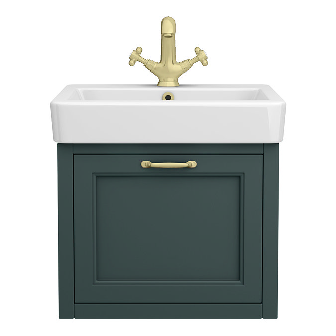 Chatsworth Green Wall Hung 1 Drawer Vanity - 560mm with Brushed Brass Handle