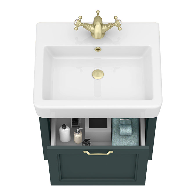 Chatsworth Green Wall Hung 1 Drawer Vanity - 560mm with Brushed Brass Handle