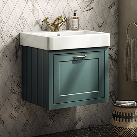 Chatsworth Green Wall Hung 1 Drawer Vanity - 560mm with Brushed Brass Handle