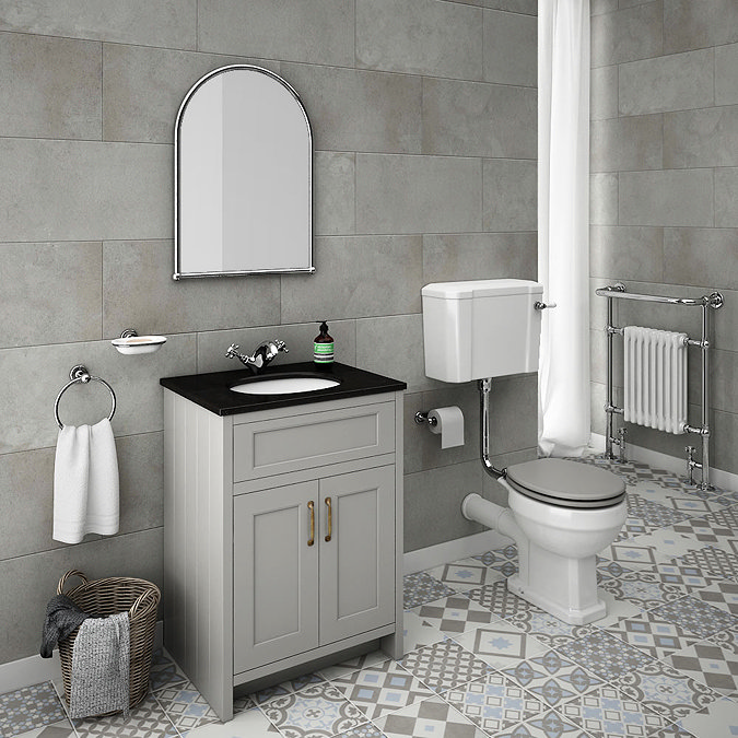 Chatsworth Grey 610mm Vanity with Black Marble Basin Top  In Bathroom Large Image