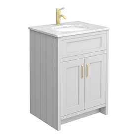 Chatsworth Grey 610mm Vanity with White Marble Basin Top + Brushed Brass Handles