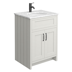 Chatsworth Grey 610mm Vanity with White Marble Basin Top + Matt Black Handles Large Image