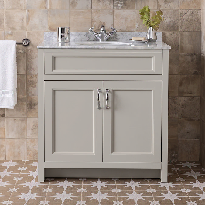 Chatsworth Grey 810mm Vanity with White Marble Basin Top with Chrome Handles