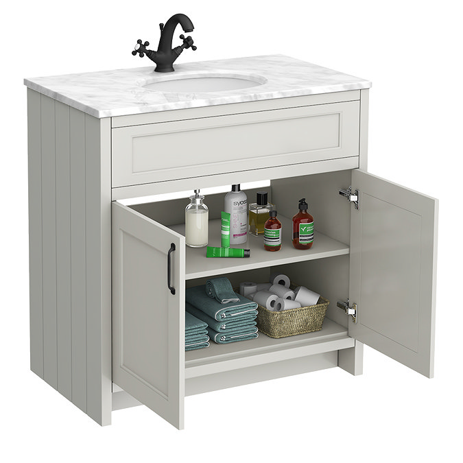 Chatsworth Grey 810mm Vanity with White Marble Basin Top & Matt Black Handles