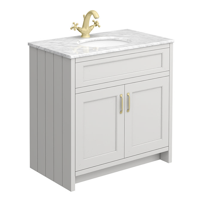 Chatsworth Grey 810mm Vanity with White Marble Basin Top + Brushed Brass Handles