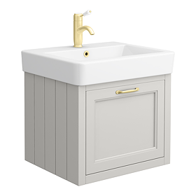 Chatsworth Grey Wall Hung 1-Drawer Vanity - 560mm with Brushed Brass Handles