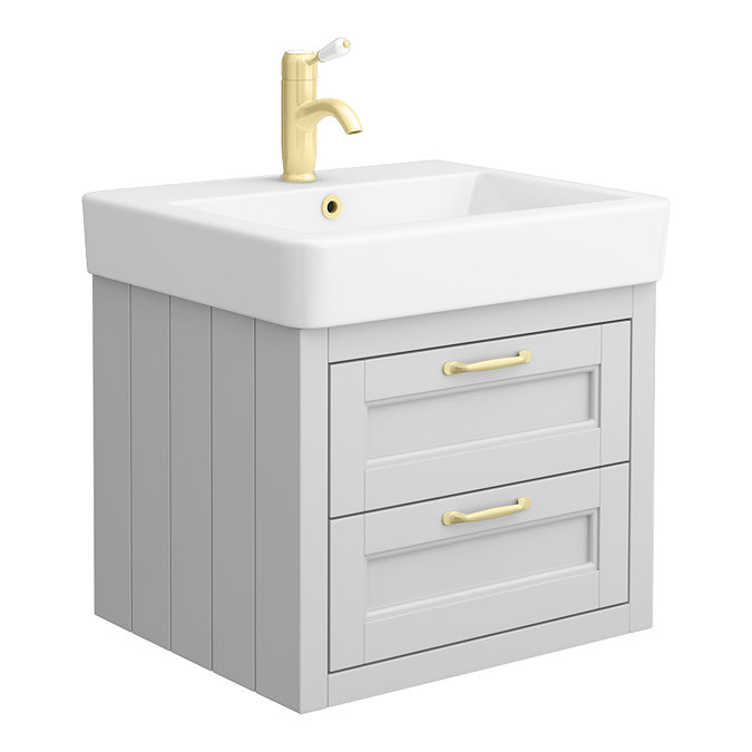 Chatsworth Grey Wall Hung 2 Drawer Vanity - 560mm with Brushed Brass Handles