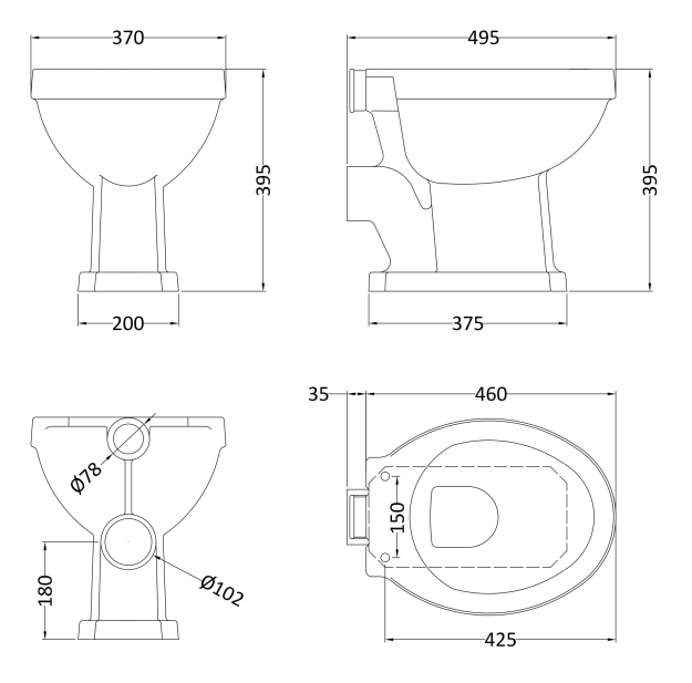 Chatsworth High Level Traditional Toilet w. Graphite Seat & Black Flush Pull Handle