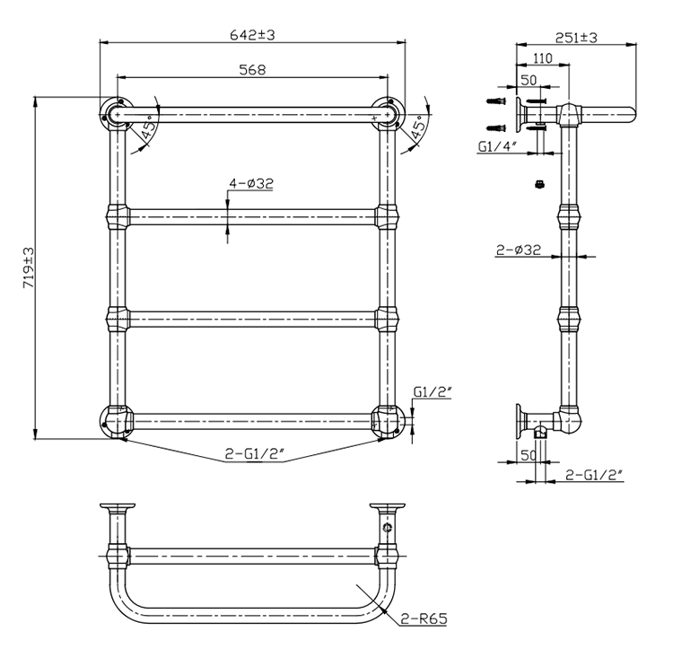 Chatsworth Maine Antique Brass Traditional Heated Towel Rail with Heating Element Connection