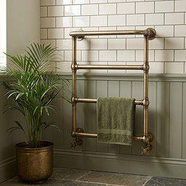 Chatsworth Maine Antique Brass Traditional Heated Towel Rail with Heating Element Connection Lifestyle