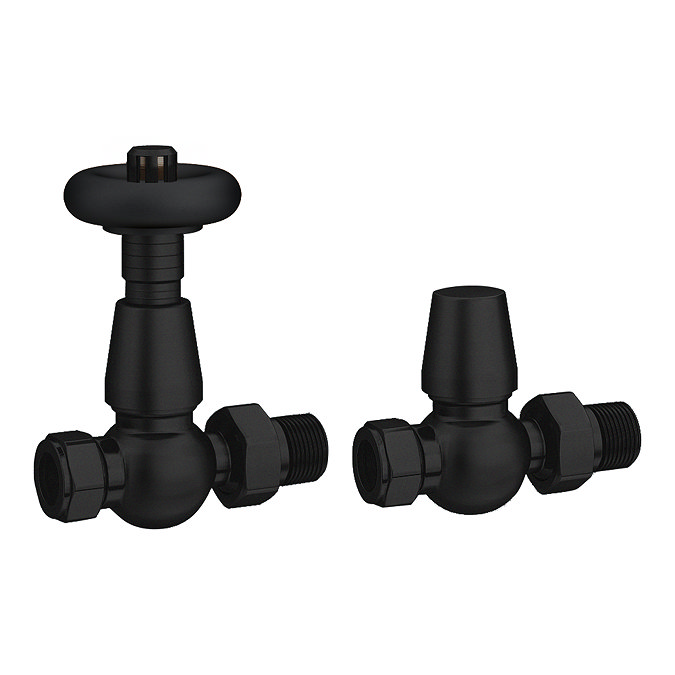 Chatsworth Matt Black Thermostatic Straight Radiator Valves (Black Ring) - Energy Saving