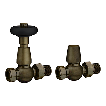 Chatsworth Rustic Brass & Black Thermostatic Straight Radiator Valves - Energy Saving