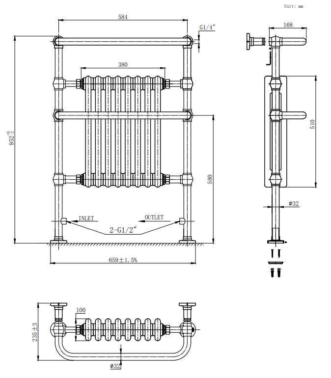 Chatsworth Savoy Antique Brass Radiator with Extra Towel Bar