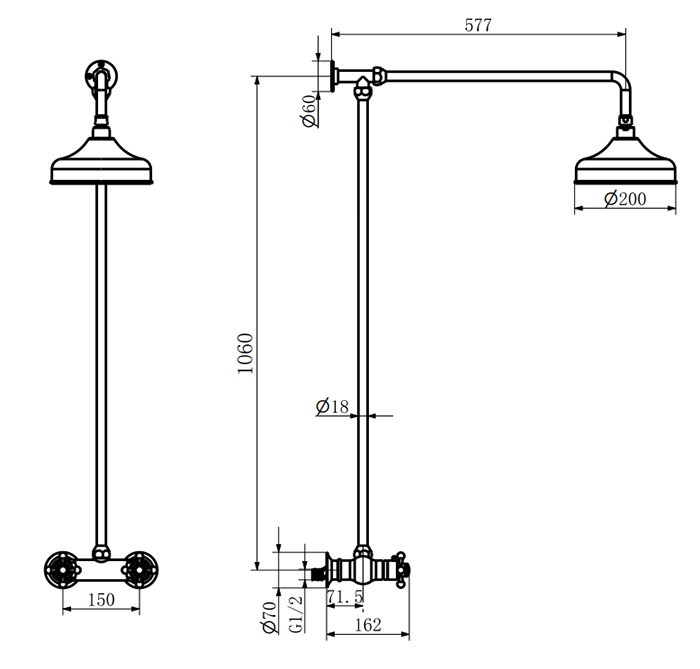 Chatsworth Thermostatic Shower Bar Valve with Rigid Riser & Fixed Head