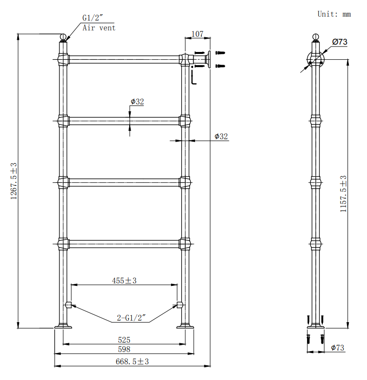 Chatsworth Traditional 1194 x 598mm Chrome Space-Saving Heated Towel Rail