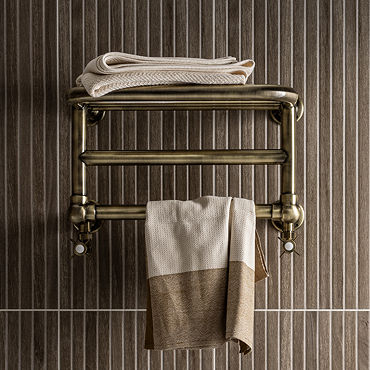 Chatsworth Traditional 300 x 500mm Antique Brass Heated Towel Rail Shelf
