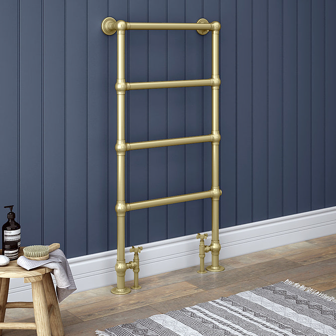 Chatsworth Traditional 598 x 1194 Brushed Brass Floor Mounted Heated Towel Rail Large Image