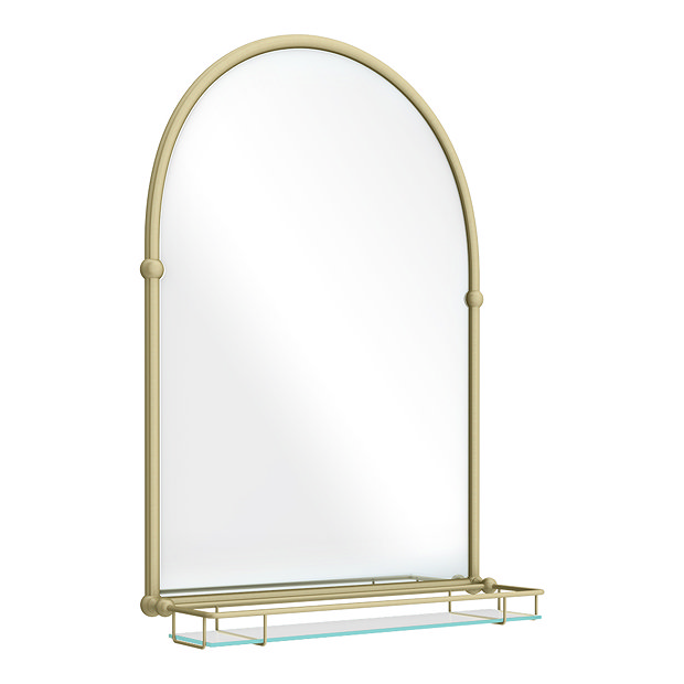 Chatsworth Traditional 700 x 490mm Arched Mirror with Glass Shelf - Brushed Brass  In Bathroom Large Image