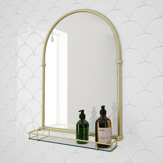 Chatsworth Traditional 700 x 490mm Arched Mirror with Glass Shelf - Brushed Brass Large Image