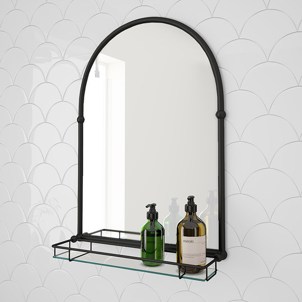 Chatsworth Traditional 700 x 490mm Arched Mirror with Glass Shelf - Matt Black Large Image