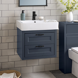 Chatsworth Traditional Blue 560mm 2 Drawer Wall Hung Vanity with Matt Black Handles
