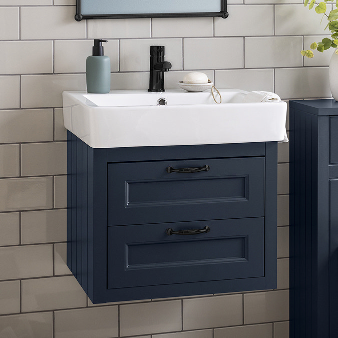 Chatsworth Traditional Blue 560mm 2 Drawer Wall Hung Vanity with Matt Black Handles