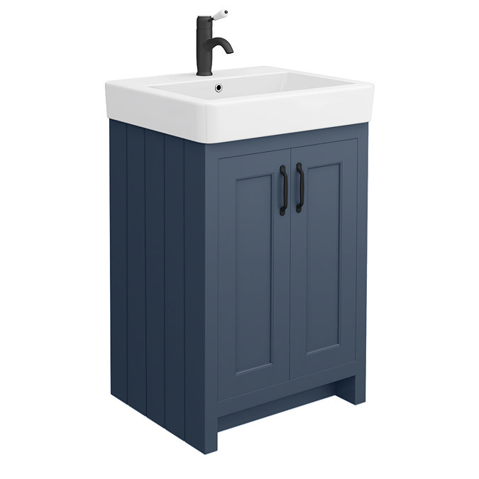 Chatsworth Traditional Blue Double Basin Vanity + Cupboard Combination Unit with Matt Black Handles 