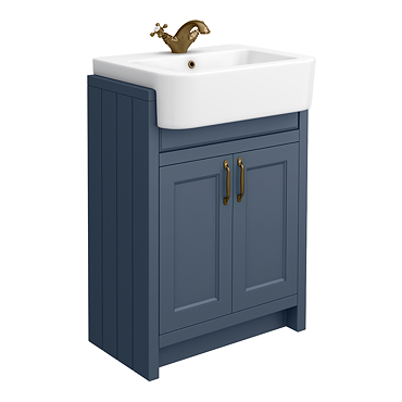 Chatsworth Traditional Blue Semi-Recessed Vanity - 600mm Wide with Antique Brass Handles