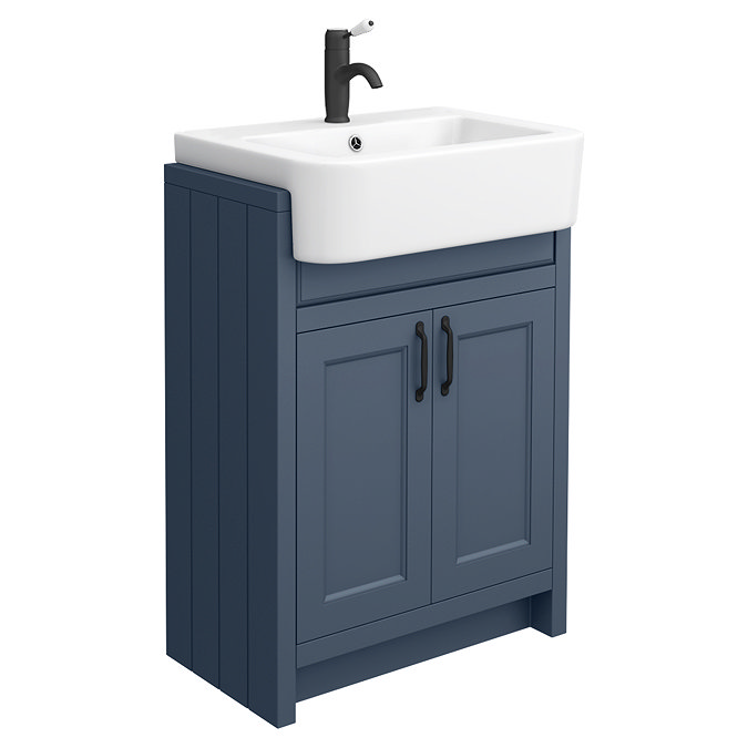 Chatsworth Traditional Blue Semi-Recessed Vanity - 600mm Wide with Matt Black Handles Large Image