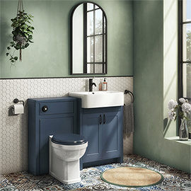 Chatsworth Traditional Blue Semi-Recessed Vanity Unit w. Matt Black Handles + Toilet Package Medium 