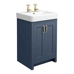 Chatsworth Traditional Blue Vanity Unit - 2 Tap Hole, 560mm Wide, Brushed Brass Handles