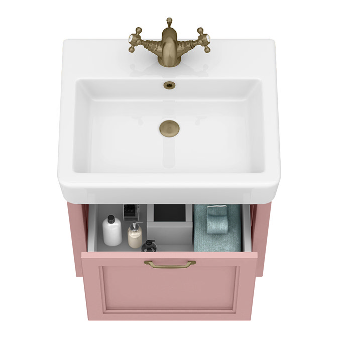 Chatsworth Traditional Dusky Pink Wall Hung Vanity - 560mm Wide with Antique Brass Handle