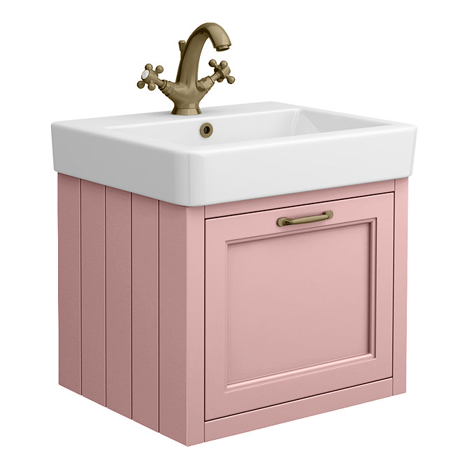 Chatsworth Traditional Dusky Pink Wall Hung Vanity - 560mm Wide with Antique Brass Handle