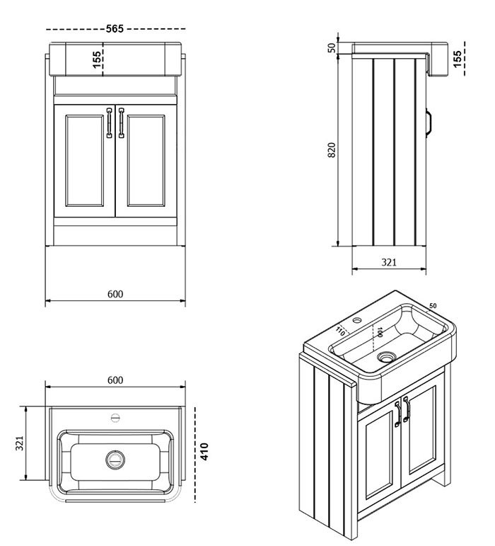 Chatsworth Traditional Graphite Semi-Recessed Vanity - 600mm Wide with Antique Brass Handles