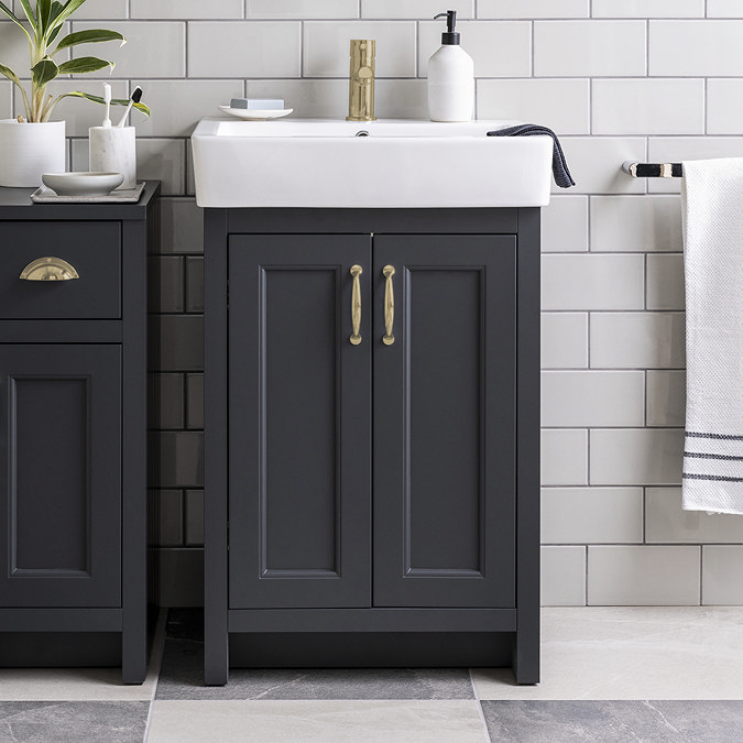 Chatsworth Traditional Graphite Vanity - 560mm Wide with Brushed Brass Handles