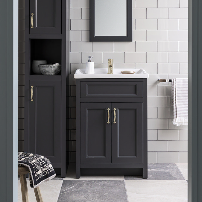 Chatsworth Traditional Graphite Vanity 620mm Wide with Brushed Brass Handles