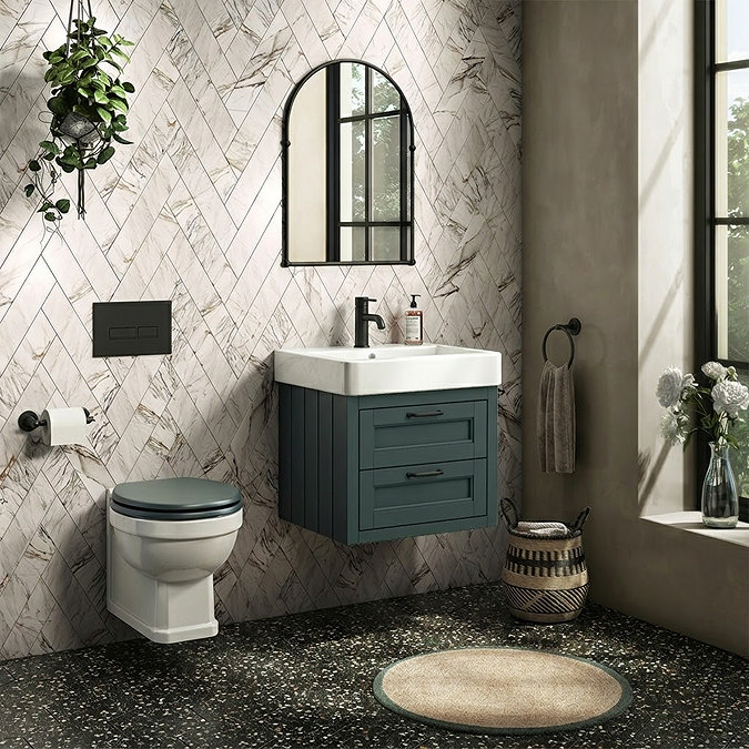 Chatsworth Traditional Green 560mm 2 Drawer Wall Hung Vanity with Matt Black Handles