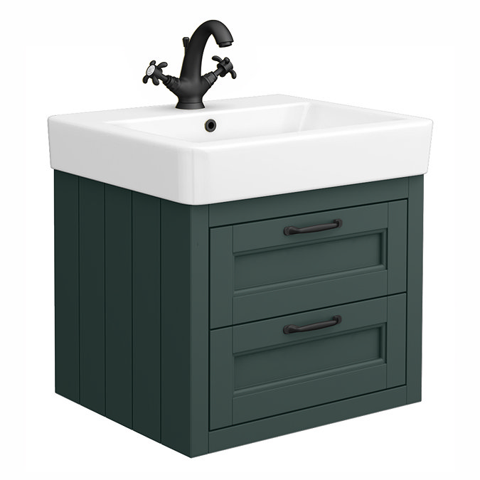 Chatsworth Traditional Green 560mm 2 Drawer Wall Hung Vanity with Matt Black Handles
