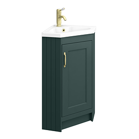Chatsworth Traditional Green Corner Vanity Unit with Brushed Brass Handle