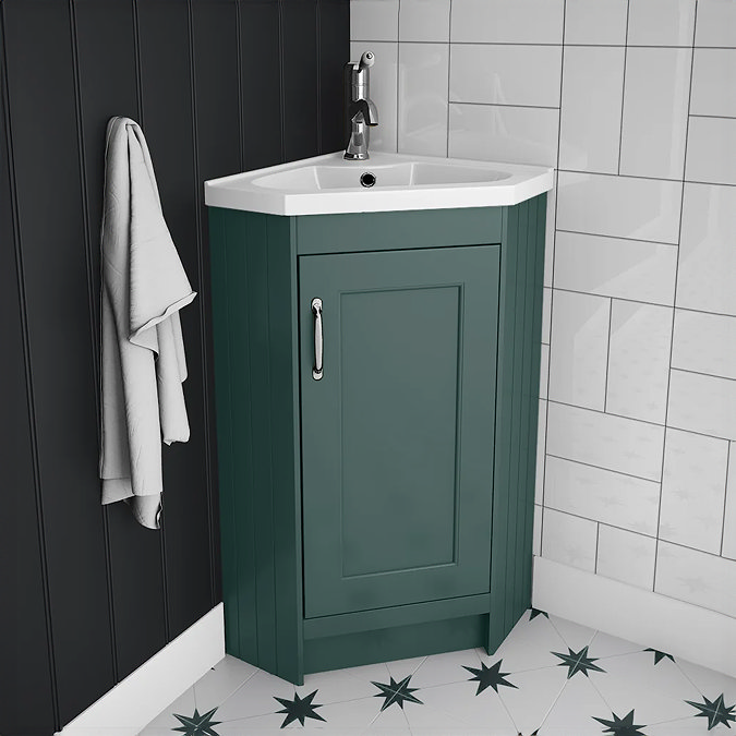 Chatsworth Traditional Green Corner Vanity Unit with Chrome Handle