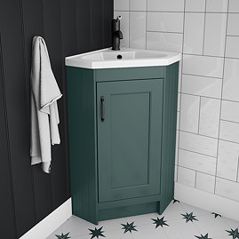 Chatsworth Traditional Green Corner Vanity Unit with Matt Black Handle Large Image